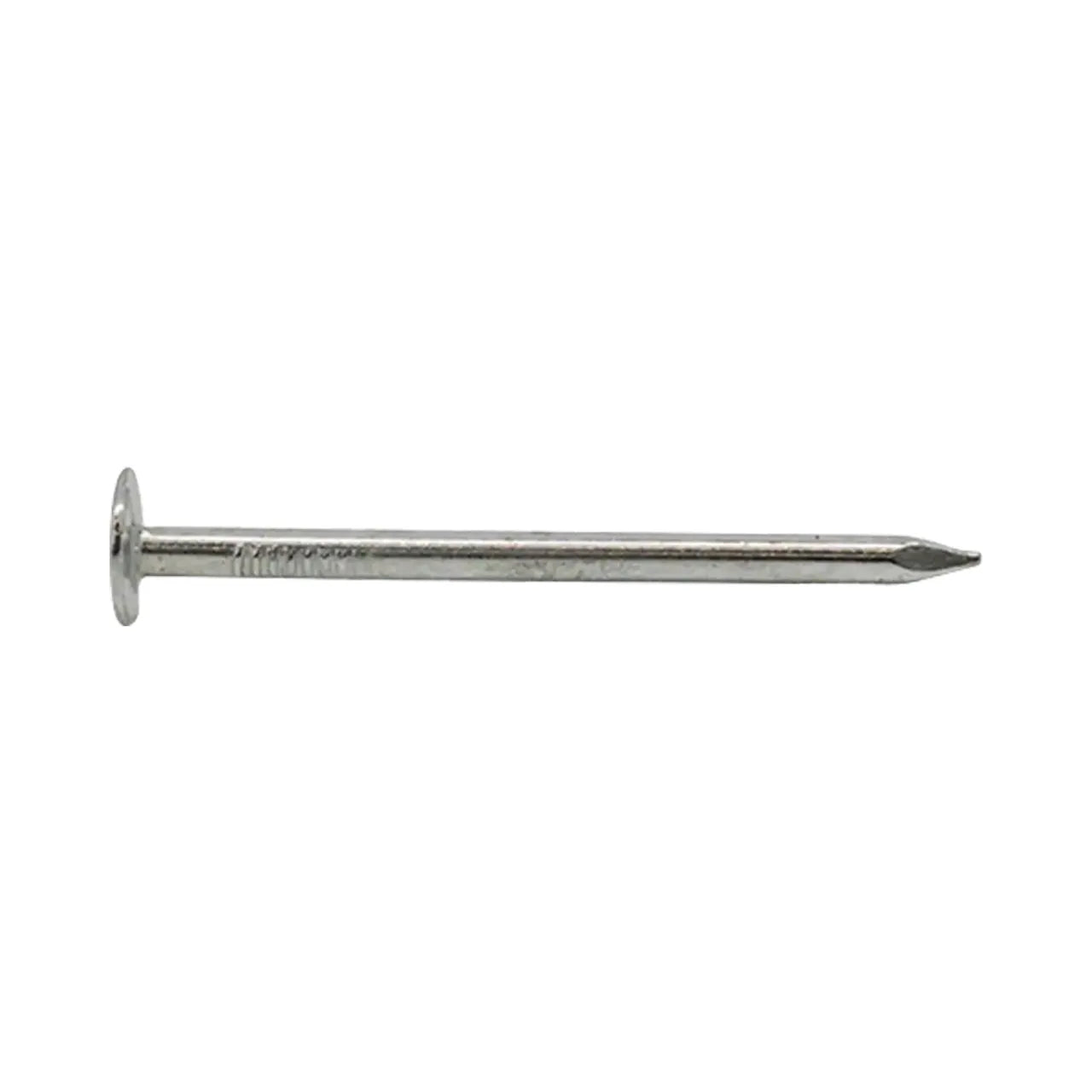 The Go Build 1 in. Electro-Galvanized Roofing Nail (1 lbs/Pack), featuring a flat head and pointed tip, is ideal for asphalt shingles or vinyl siding and is shown horizontally on a white background.